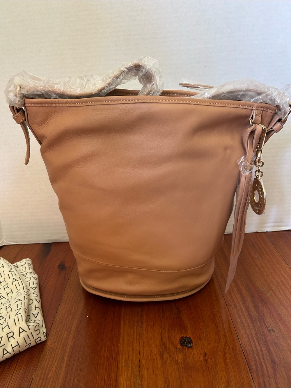 Isaac Mizrahi Tan Leather Shoulder Bucket Bag Roughly 11” wide at top x 11” tall